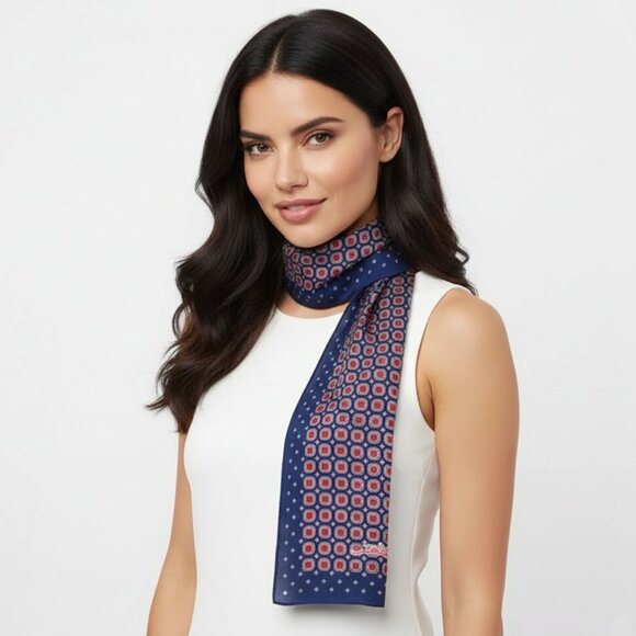 Vintage Anne Klein Silk Neck Hair Scarf Long Geometric Medallion Navy Red - Picture 1 of 6